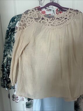 Valerie Stevens Cream Crochet Yoke Blouse